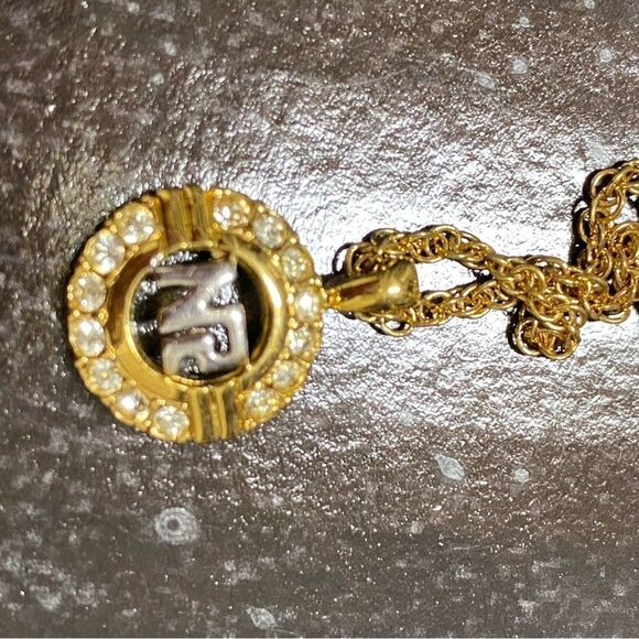 Nina Ricci Signed Gold Plated Necklace with Gold/Silver Logo Pendant/Crystals. - Picture 8 of 9